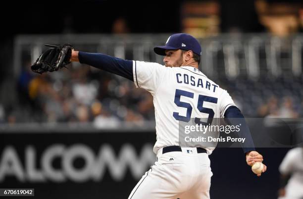 Jarred Cosart of the San Diego Padres pitches during the first inning of a baseball game against the Arizona Diamondbacks at PETCO Park on April 18,...