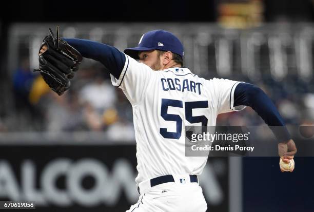 Jarred Cosart of the San Diego Padres pitches during the first inning of a baseball game against the Arizona Diamondbacks at PETCO Park on April 18,...