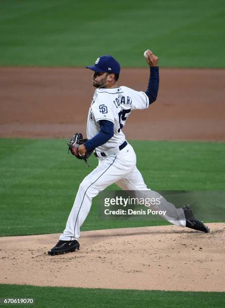 Jarred Cosart of the San Diego Padres pitches during the first inning of a baseball game against the Arizona Diamondbacks at PETCO Park on April 18,...