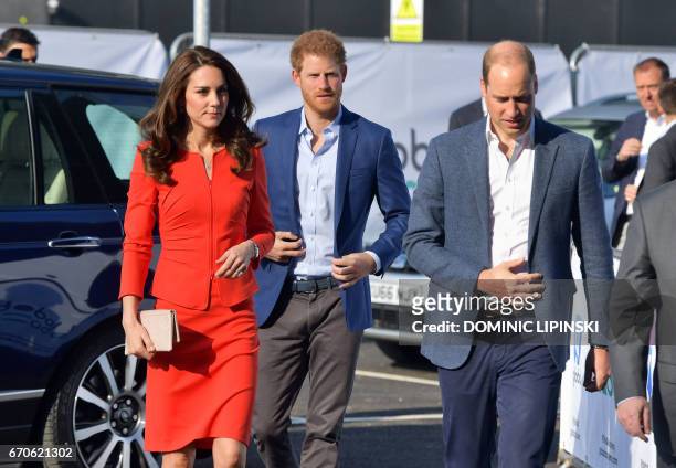 Britain's Catherine, Duchess of Cambridge, Britain's Prince Harry and Britain's Prince William, Duke of Cambridge arrive to open the Global Academy...