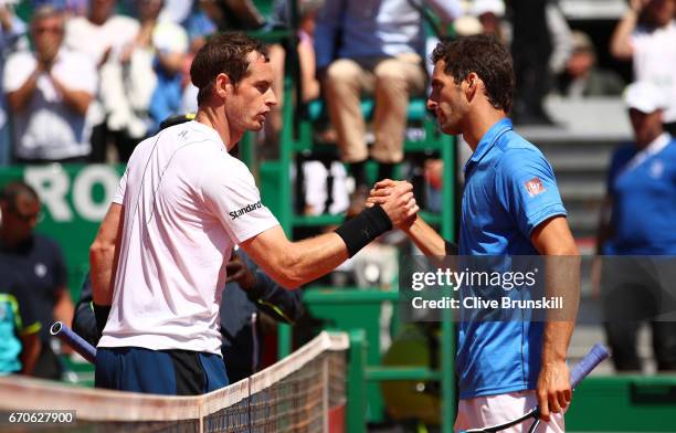 Andy Murray of Great Britain and Albert Ramos-Vinolas of Spain shake hands following their third round match on day 5 of the Monte Carlo Rolex...