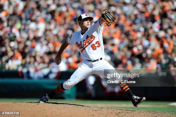 Tyler Wilson of the Baltimore Orioles pitches against the New York Yankees at Oriole Park at Camden Yards on April 9, 2017 in Baltimore, Maryland.