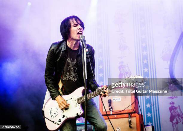Guitarist and vocalist Ryan Jarman of English indie rock group The Cribs performing live on stage at Y Not Festival in Derbyshire, on July 29, 2016.