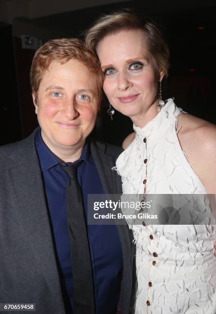 Christine Marinoni and wife Cynthia Nixon pose at the opening night after party for Manhattan Theatre Clubs production of "The Little Foxes" on...