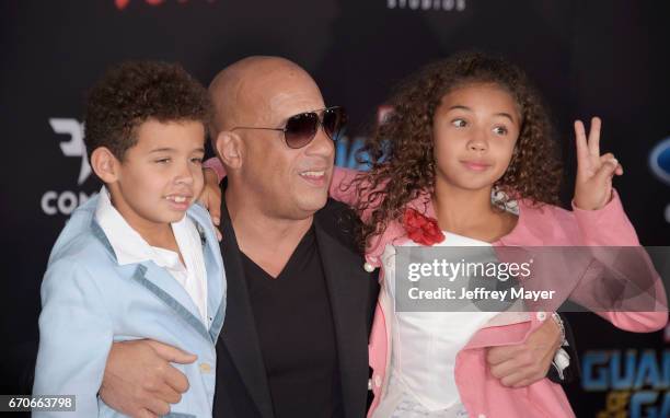 Actor Vin Diesel , son Vincent Sinclair and daughter Hania Riley Sinclair arrive at the Premiere Of Disney And Marvel's 'Guardians Of The Galaxy Vol....