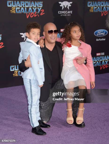 Actor Vin Diesel , son Vincent Sinclair and daughter Hania Riley Sinclair arrive at the Premiere Of Disney And Marvel's 'Guardians Of The Galaxy Vol....