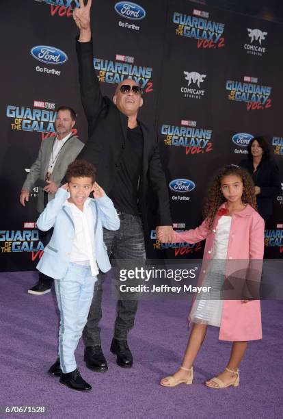 Actor Vin Diesel , son Vincent Sinclair and daughter Hania Riley Sinclair arrive at the Premiere Of Disney And Marvel's 'Guardians Of The Galaxy Vol....
