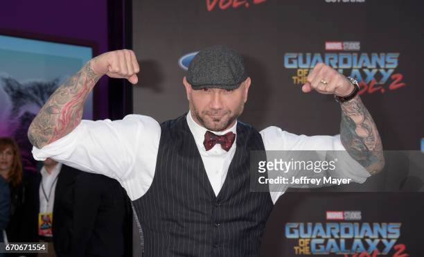 Actor Dave Bautista arrives at the Premiere Of Disney And Marvel's 'Guardians Of The Galaxy Vol. 2' at Dolby Theatre on April 19, 2017 in Hollywood,...