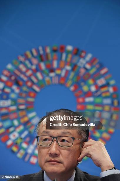 World Bank President Jim Yong Kim talks to reporters at a news conference during the World Bank and International Monetary Fund Spring Meetings April...