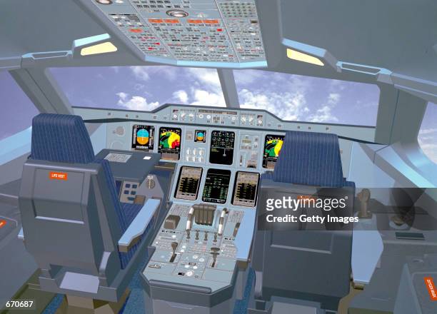 Computer mock up shows the Superjumbo Airbus A380 cockpit interior. Airbus has committed itself to the production of the A380 which will begin...