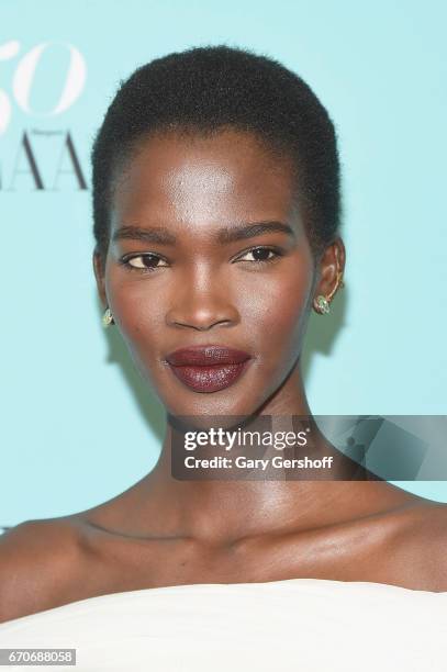 Model Aamito Lagum attends Harper's BAZAAR 150th Anniversary Party at The Rainbow Room on April 19, 2017 in New York City.