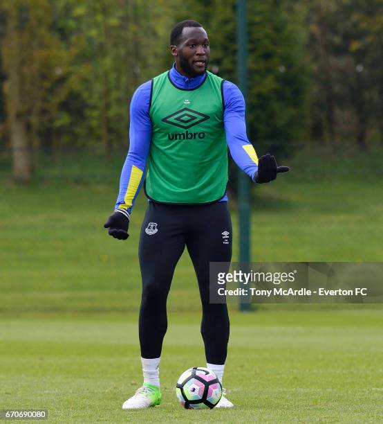 Romelu Lukaku during the Everton training session at USM Finch Farm on April 20, 2017 in Halewood, England.