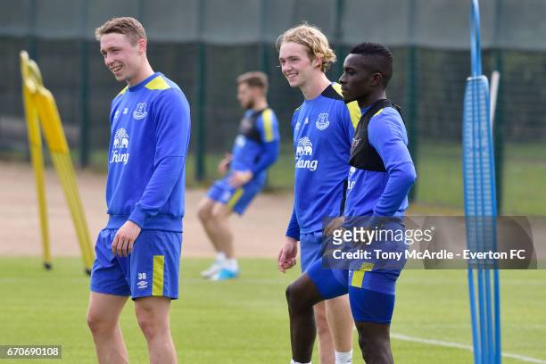 Matthew Pennington Tom Davies and Idrissa Gueye during the Everton training session at USM Finch Farm on April 20, 2017 in Halewood, England.