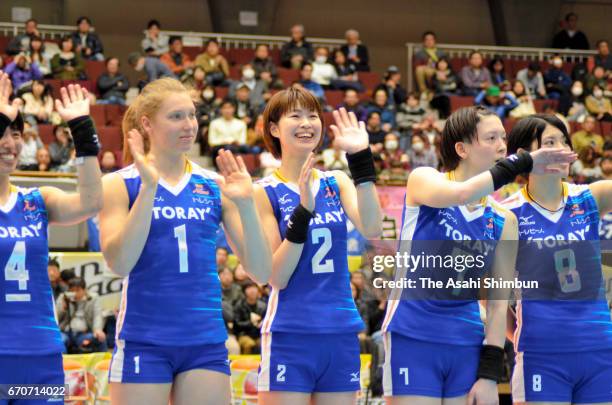 Saori Kimura and Toray Arrows players celebrate their victory after the V-Premier League Women's Final 6 between Toyota Auto Body Queenseis and Toray...