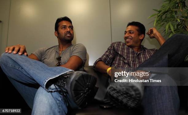 India's Lawn Tennis greats Leander Paes and Mahsh Bhupathi talks to media at Globosport office in Khar on Monday. .