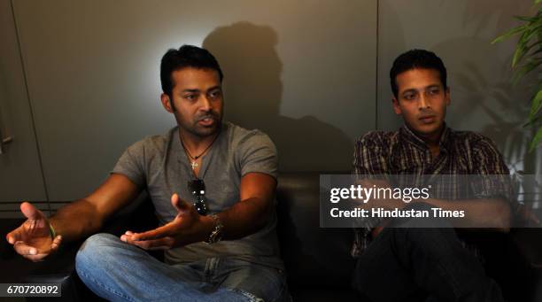 India's Lawn Tennis greats Leander Paes and Mahsh Bhupathi talks to media at Globosport office in Khar on Monday. .