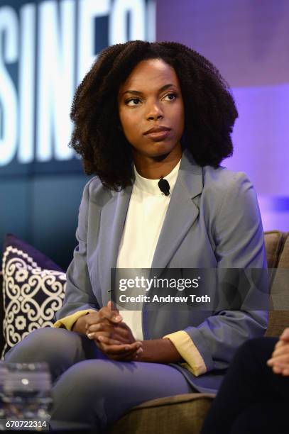 Repertory player Sasheer Zamata speaks onstage during Vanity Fairs Founders Fair at the 1 Hotel Brooklyn Bridge on April 20, 2017 in Brooklyn, New...