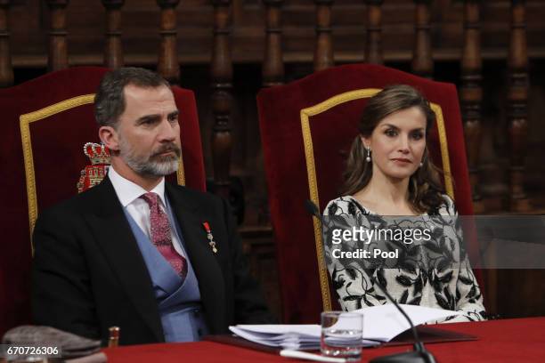 King Felipe and Queen Letizia of Spain at the Cervantes Award Ceremony to the Spanish writer Eduardo Mendoza at Alcala de Henares University on April...