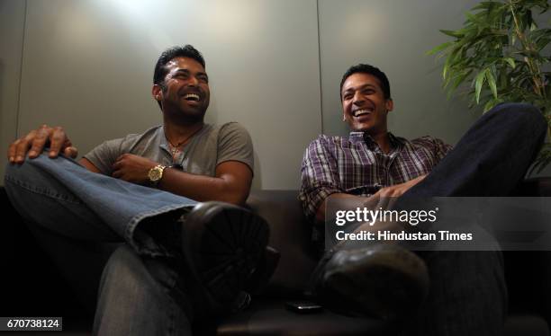 India's Lawn Tennis greats Leander Paes and Mahsh Bhupathi talks to media at Globosport office in Khar on Monday. .