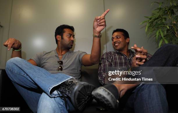 India's Lawn Tennis greats Leander Paes and Mahsh Bhupathi talks to media at Globosport office in Khar on Monday. .