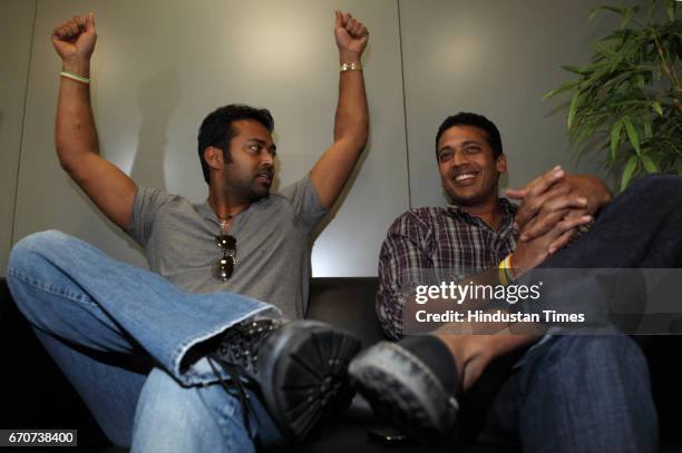 India's Lawn Tennis greats Leander Paes and Mahsh Bhupathi talks to media at Globosport office in Khar on Monday. .