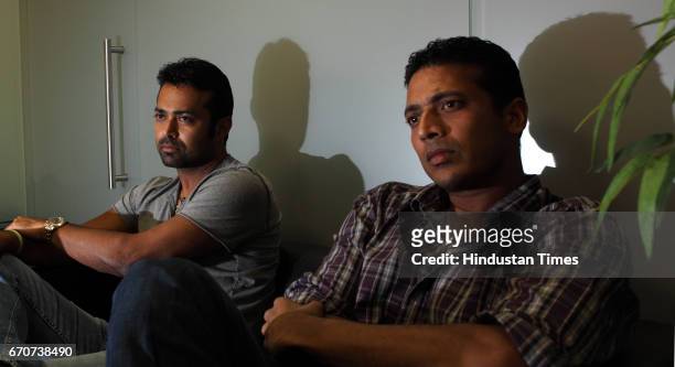 India's Lawn Tennis greats Leander Paes and Mahsh Bhupathi talks to media at Globosport office in Khar on Monday. .