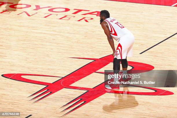 James Harden of the Houston Rockets stands at mid court during Game Two of the Western Conference Quarterfinals against the Oklahoma City Thunder...