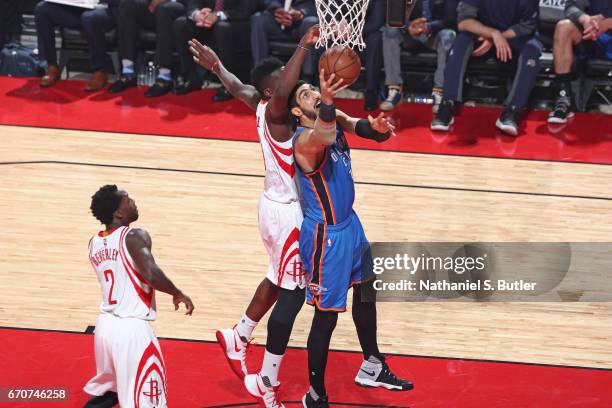 Enes Kanter of the Oklahoma City Thunder drives to the basket against the Houston Rockets during Game Two of the Western Conference Quarterfinals of...