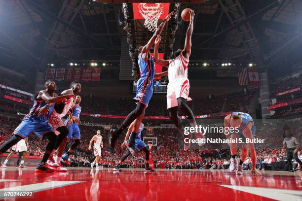 James Harden of the Houston Rockets drives to the basket during Game Two of the Western Conference Quarterfinals against the Oklahoma City Thunder...