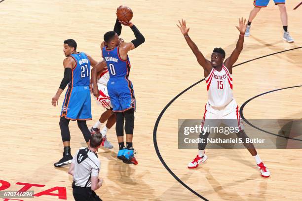 Russell Westbrook of the Oklahoma City Thunder shoots the ball against the Houston Rockets during Game Two of the Western Conference Quarterfinals of...