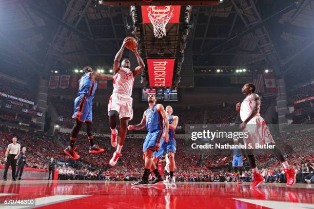 Clint Capela of the Houston Rockets drives to the basket against the Oklahoma City Thunder during Game Two of the Western Conference Quarterfinals of...