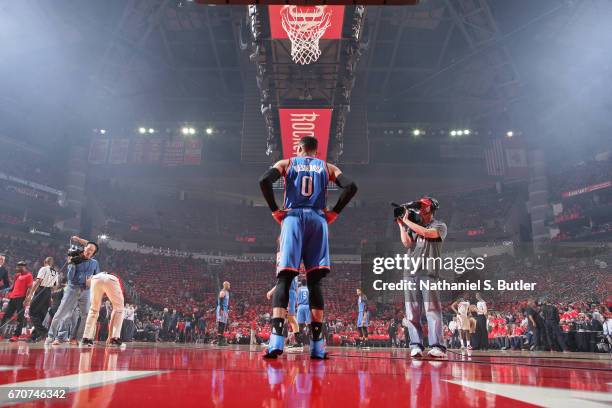 Russell Westbrook of the Oklahoma City Thunder stands on the court against the Houston Rockets during Game Two of the Western Conference...