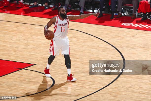 James Harden of the Houston Rockets dribbles the ball up court during Game Two of the Western Conference Quarterfinals against the Oklahoma City...