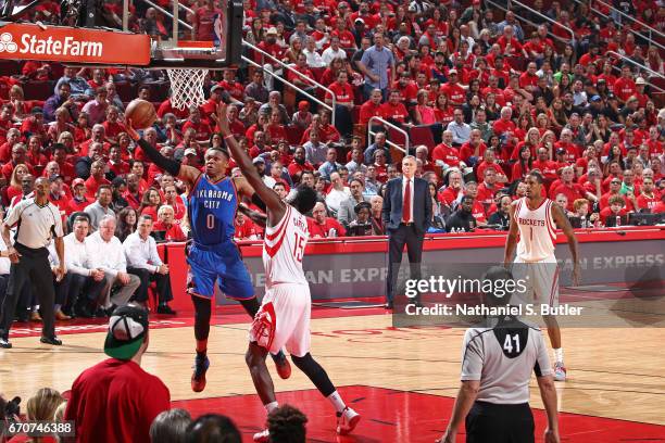 Russell Westbrook of the Oklahoma City Thunder drives to the basket against the Houston Rockets during Game Two of the Western Conference...