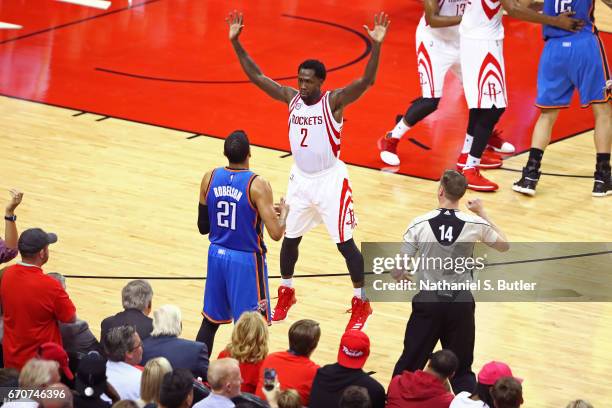 Patrick Beverley of the Houston Rockets defends an inbound pass against the Oklahoma City Thunder during Game Two of the Western Conference...