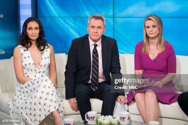 The Newsroom" Episode 1817 -- Pictured: Paloma Guzmán as Davina Delucci, Mark Moses as George Thanos, Bonnie Somerville as Heidi Sorenson --