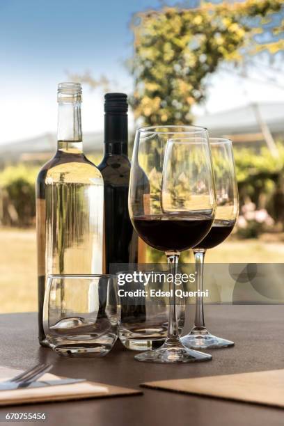 glasses and bottle of red wine - shiraz stock pictures, royalty-free photos & images