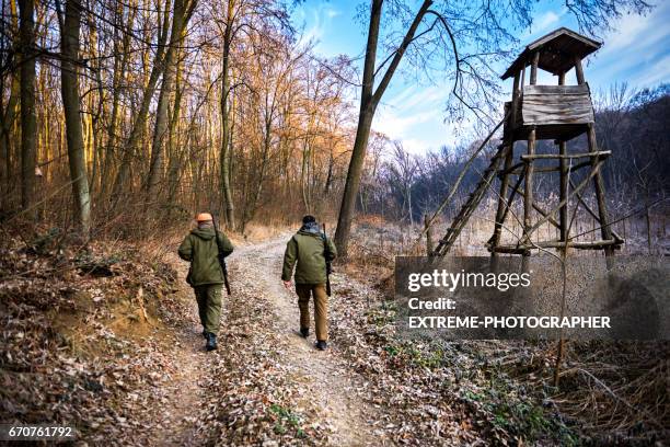 jagers in het bos - jager stockfoto's en -beelden