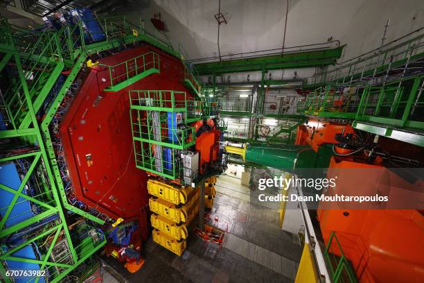 Detailed view of CMS or Compact Muon Solenoid experimental cavern during a behind the scenes tour at CERN, the World's Largest Particle Physics...
