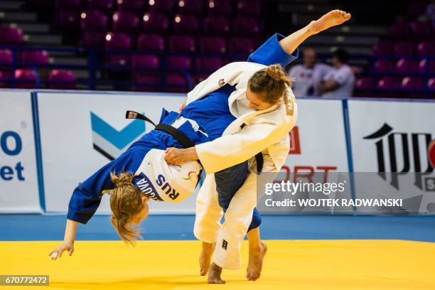 Majlinda Kelmendi from Kosovo fights with Russian Alesya Kuznetsova during the women's under 52kg competition during the European Judo Championships...