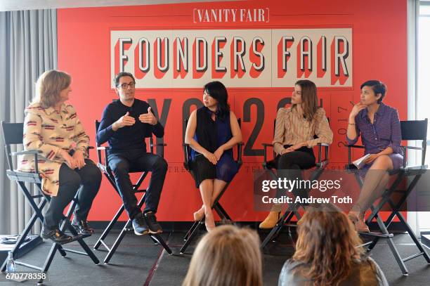 Jana Rich, Neil Blumenthal, Shan-Lyn Ma, Emily Weiss, and Stephanie Mehta speak onstage during Vanity Fairs Founders Fair at the 1 Hotel Brooklyn...