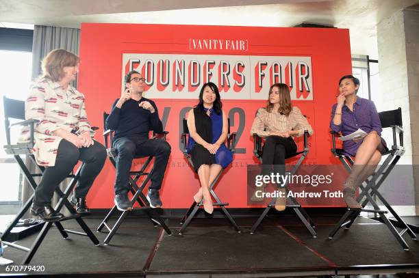 Jana Rich, Neil Blumenthal, Shan-Lyn Ma, Emily Weiss, and Stephanie Mehta speak onstage during Vanity Fairs Founders Fair at the 1 Hotel Brooklyn...