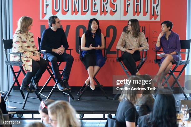 Jana Rich, Neil Blumenthal, Shan-Lyn Ma, Emily Weiss, and Stephanie Mehta speak onstage during Vanity Fairs Founders Fair at the 1 Hotel Brooklyn...