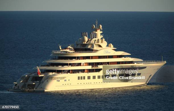 The worlds biggest yacht The Dilbar owned by Alisher Usmanov sails by the Monte Carlo Country Club on day five of the Monte Carlo Rolex Masters at...