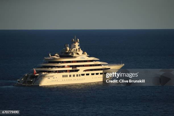 The worlds biggest yacht The Dilbar owned by Alisher Usmanov sails by the Monte Carlo Country Club on day five of the Monte Carlo Rolex Masters at...