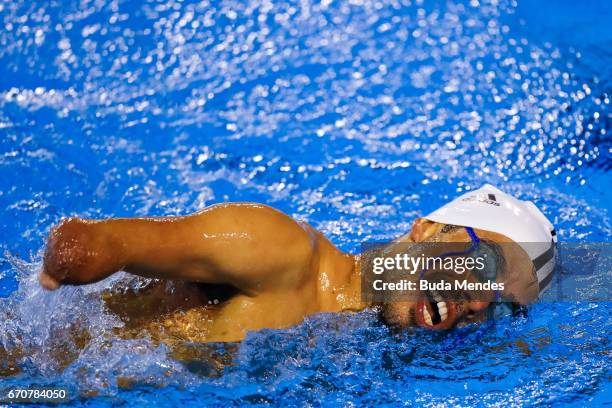 Brazil's Paralympic swimmer Daniel Dias swims during practice session of 2017 Loterias Caixa Swimming and Athletics Open Championship at Brazilian...