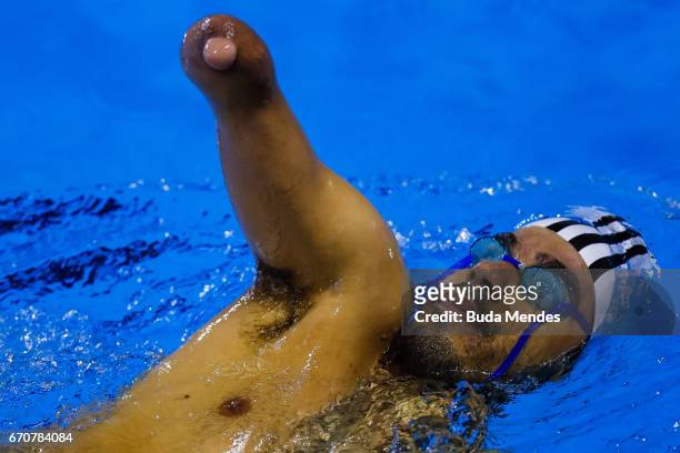 Brazil's Paralympic swimmer Daniel Dias swims during practice session of 2017 Loterias Caixa Swimming and Athletics Open Championship at Brazilian...