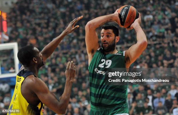 Ioannis Bourousis, #29 of Panathinaikos Superfoods Athens competes with Ekpe Udoh, #8 of Fenerbahce Istanbul during the 2016/2017 Turkish Airlines...