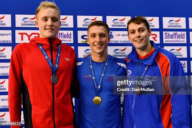 Silver medalist Timothy Shuttleworth of Loughboro Uni, gold medalist Daniel Jervis of Swansea Aq and bronze medalist Stephen Milne of Perth City pose...