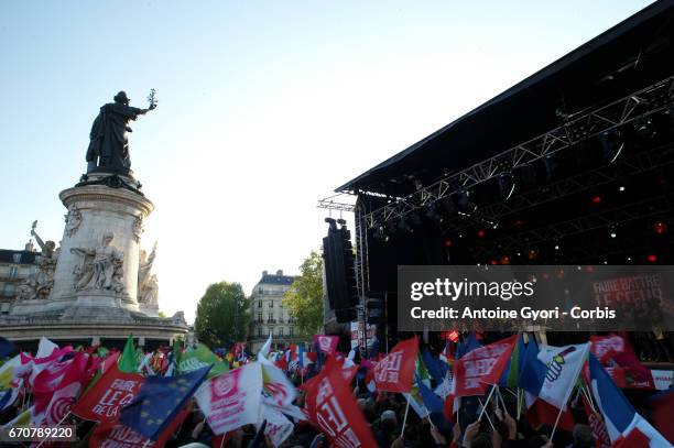 French Socialist Party Presidential candidate Benoit Hamon addresses voters during a political meeting Place de la Republique on April 19, 2017 in...